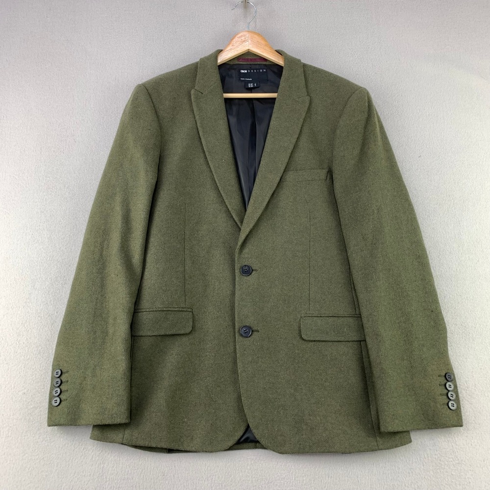 ASOS Tweed Blazer Jacket Mens 38 Short Green Wool Blend Slim Fit Sport Coat
